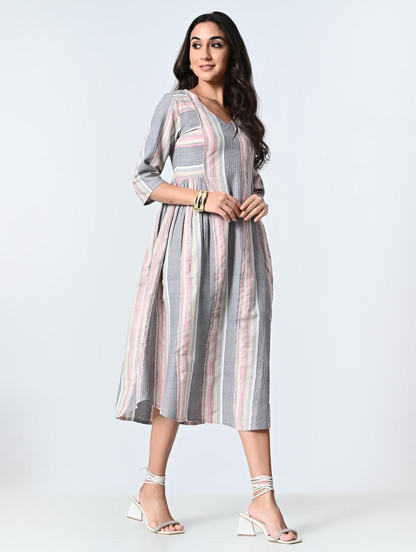 women grey three quarter sleeve a-line ethnic dress - 21583624 - Standard Image - 2
