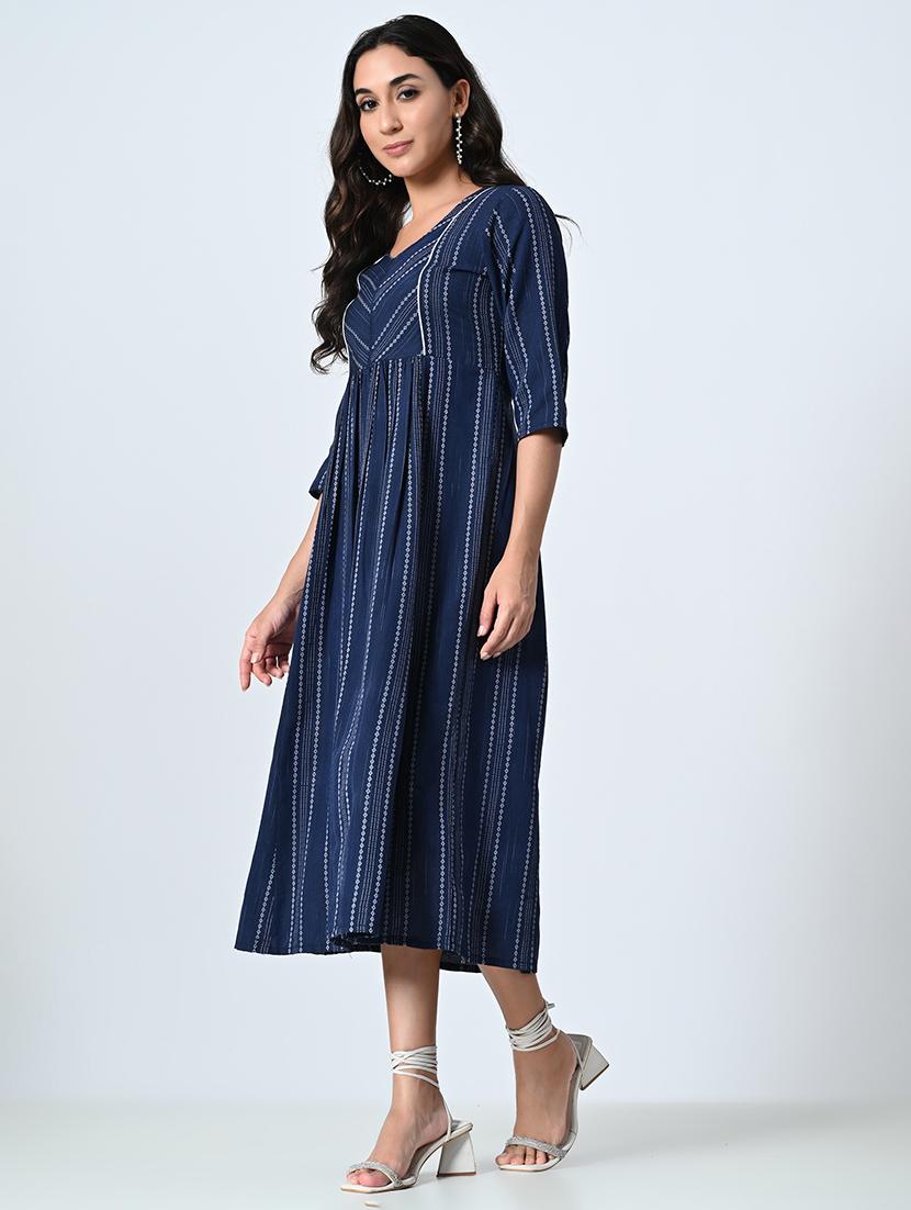 women navy blue three quarter sleeve a-line ethnic dress - 21583626 - Standard Image - 2