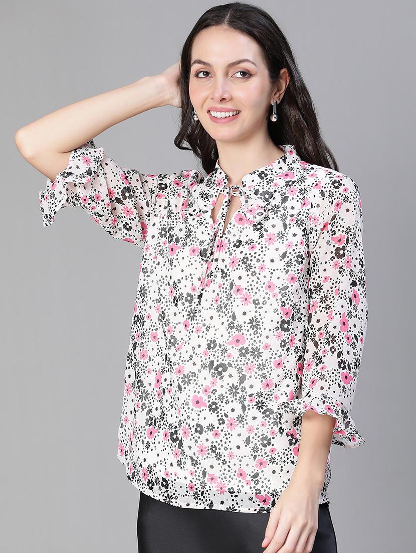 women printed tie up neck regular top - 21584923 - Standard Image - 2