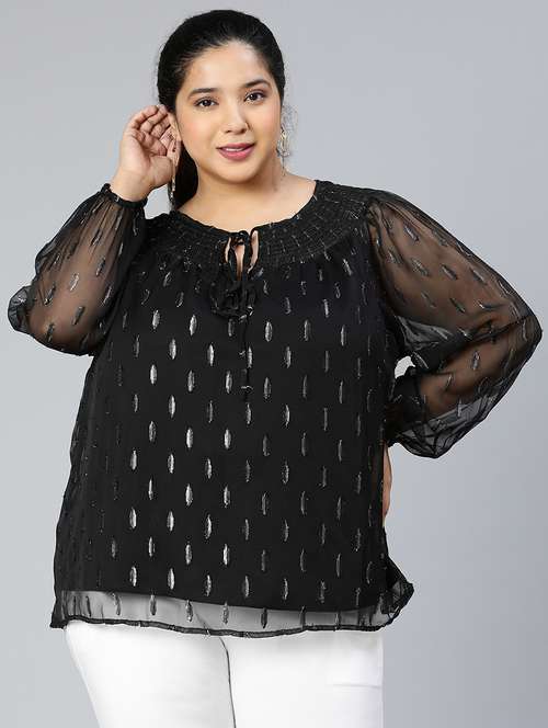 women self design long sleeves plus size top - 21584928 - Standard Image - 0