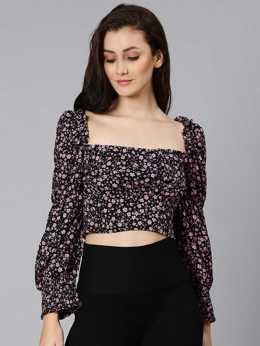 women floral printed long sleeves crop top