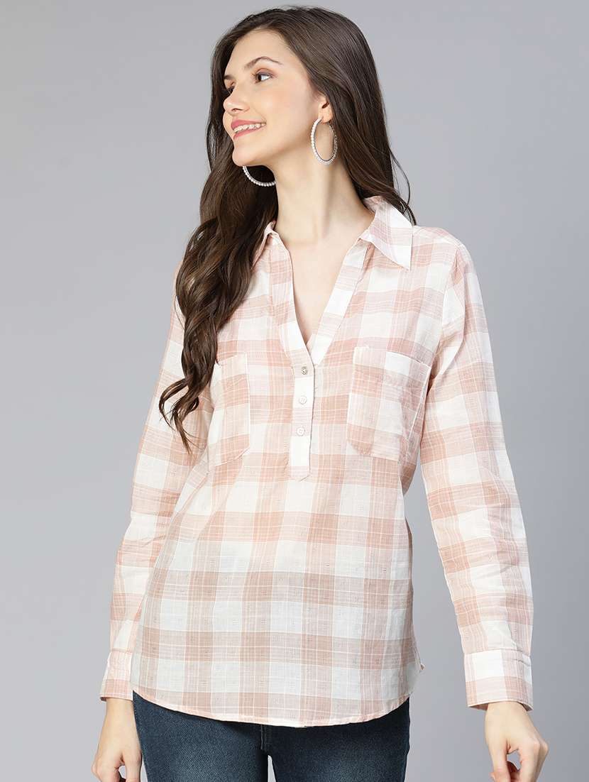 women checked printed collared shirt style top - 21584931 - Standard Image - 2