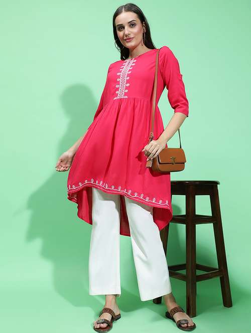 women embroidered three quarter sleeves high low kurta - 21584943 - Standard Image - 0