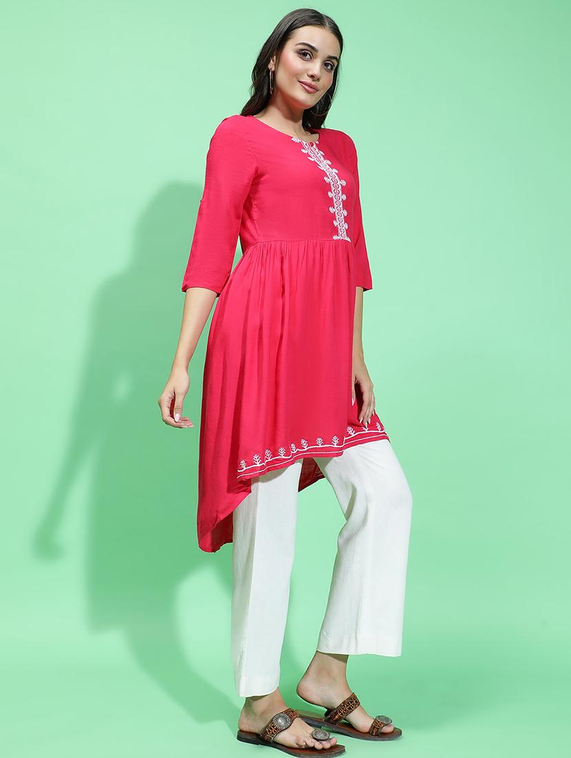 women embroidered three quarter sleeves high low kurta - 21584943 - Standard Image - 2