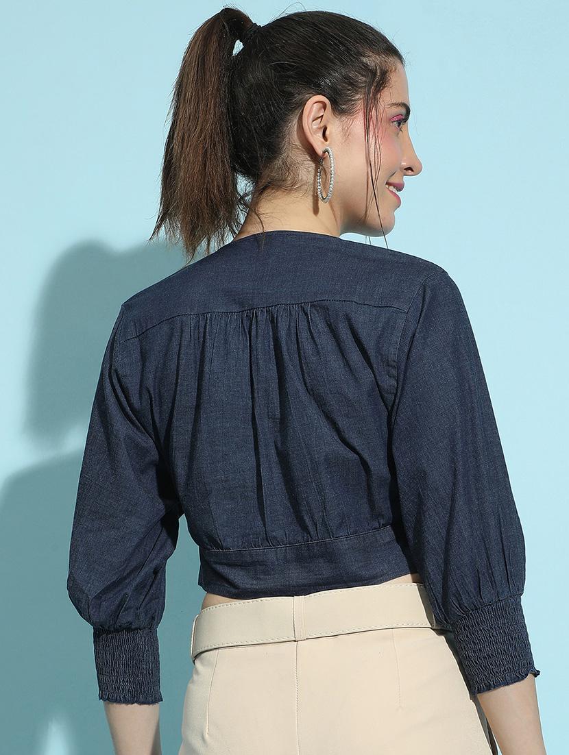 women solid three quarter sleeves crop top - 21584953 - Standard Image - 2