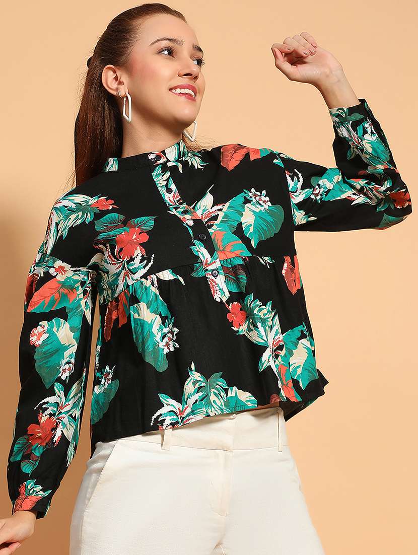 women floral printed long sleeves a-line top