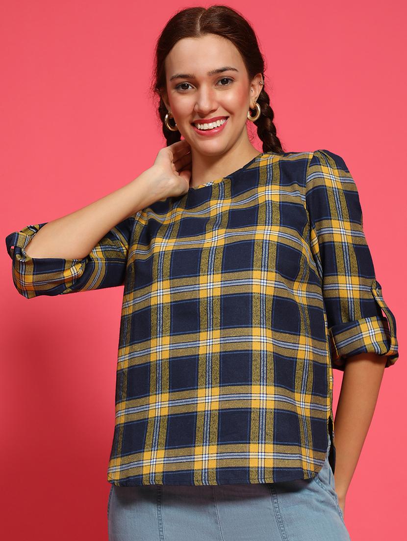 women checked printed round neck top - 21585015 - Zoom Image - 0