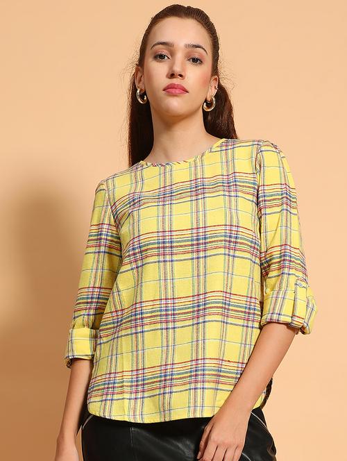 women checked printed round neck top - 21585017 - Standard Image - 0