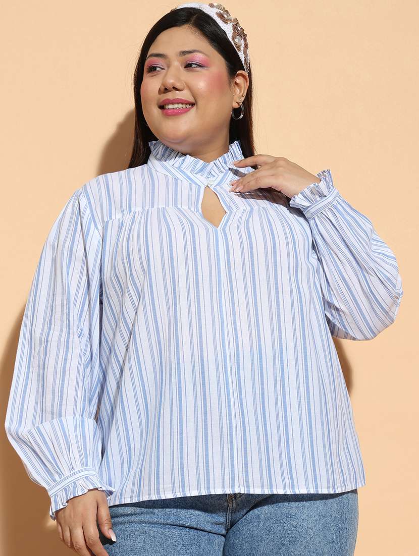 women striped printed longs sleeves plus size top