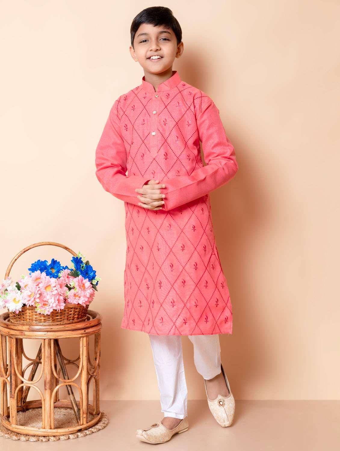 boys embroidered mandarin neck kurta pyjama set