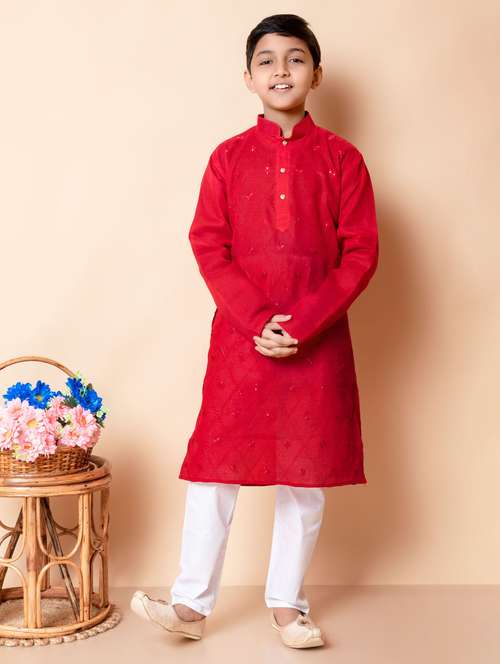 boys embroidered mandarin neck kurta pyjama set - 21585434 -  Standard Image - 0