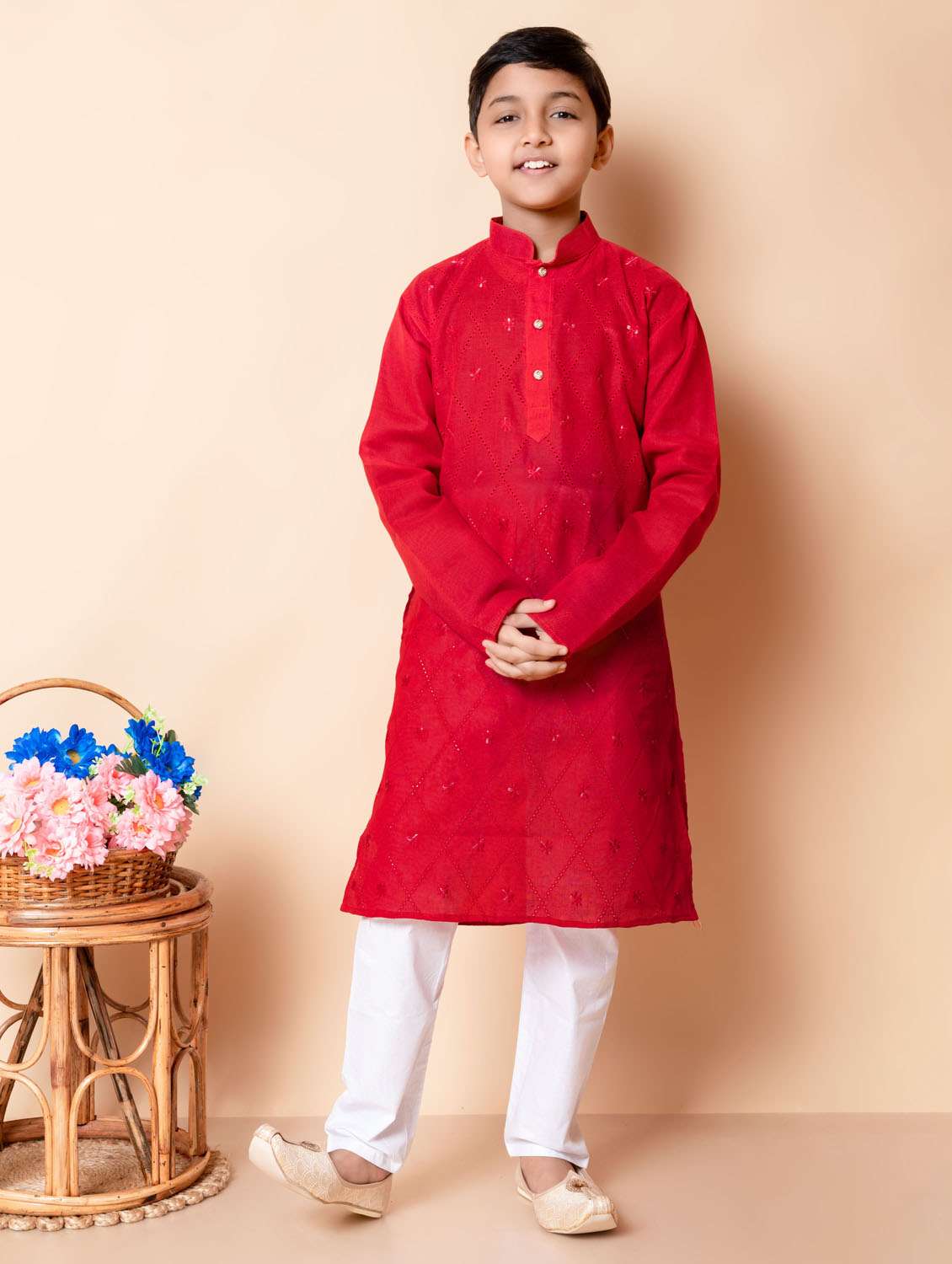 boys embroidered mandarin neck kurta pyjama set