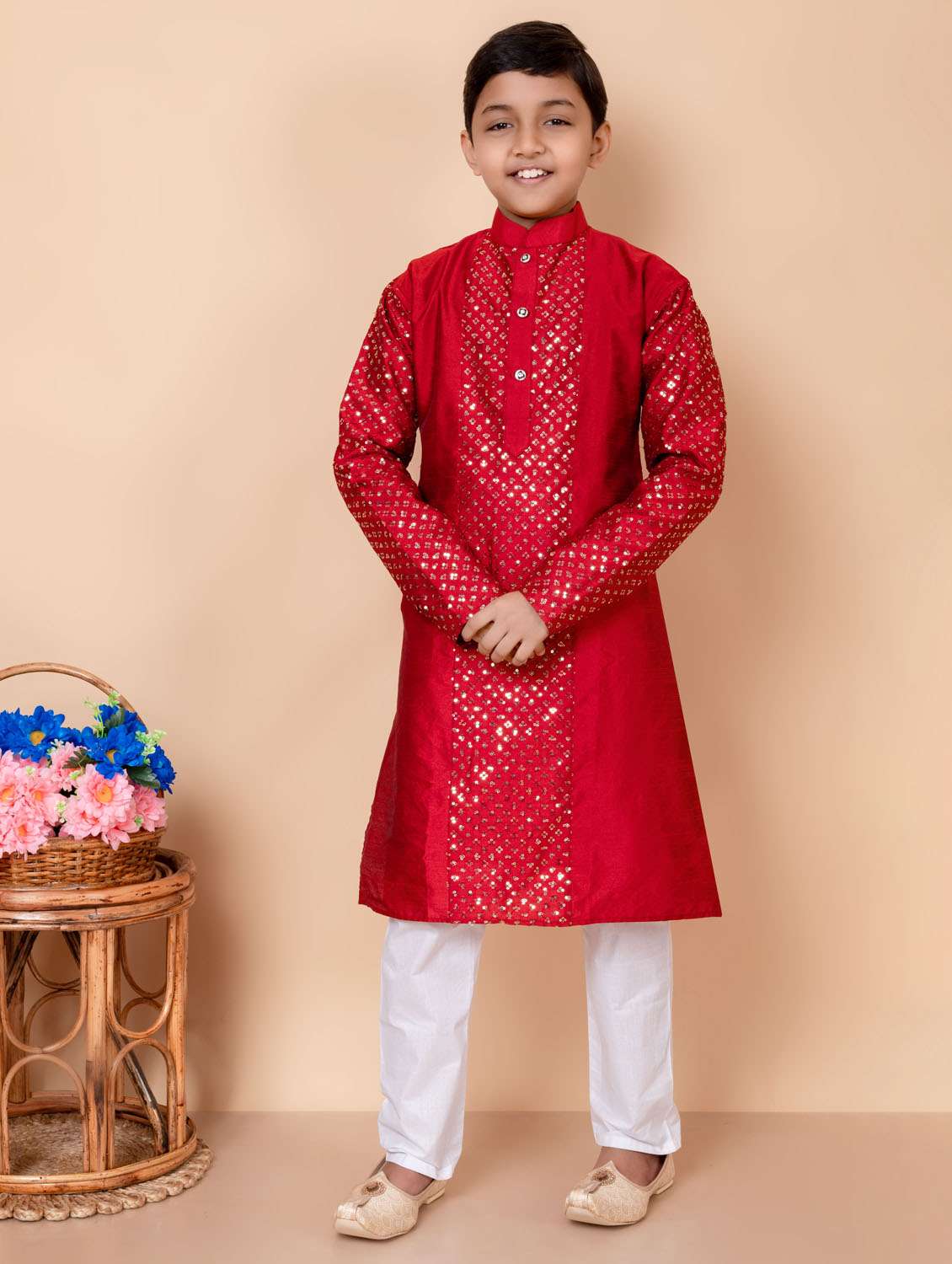 boys sequins work mandarin neck kurta pyjama set
