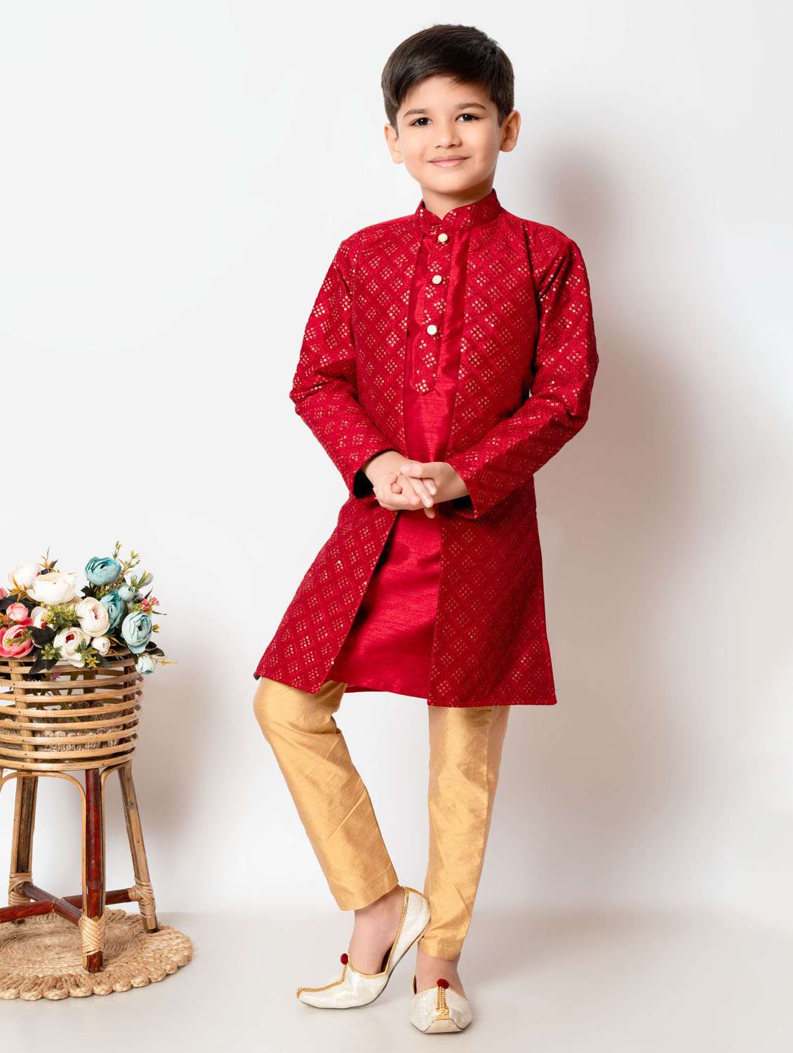 boys sequins work mandarin neck kurta pyjama set