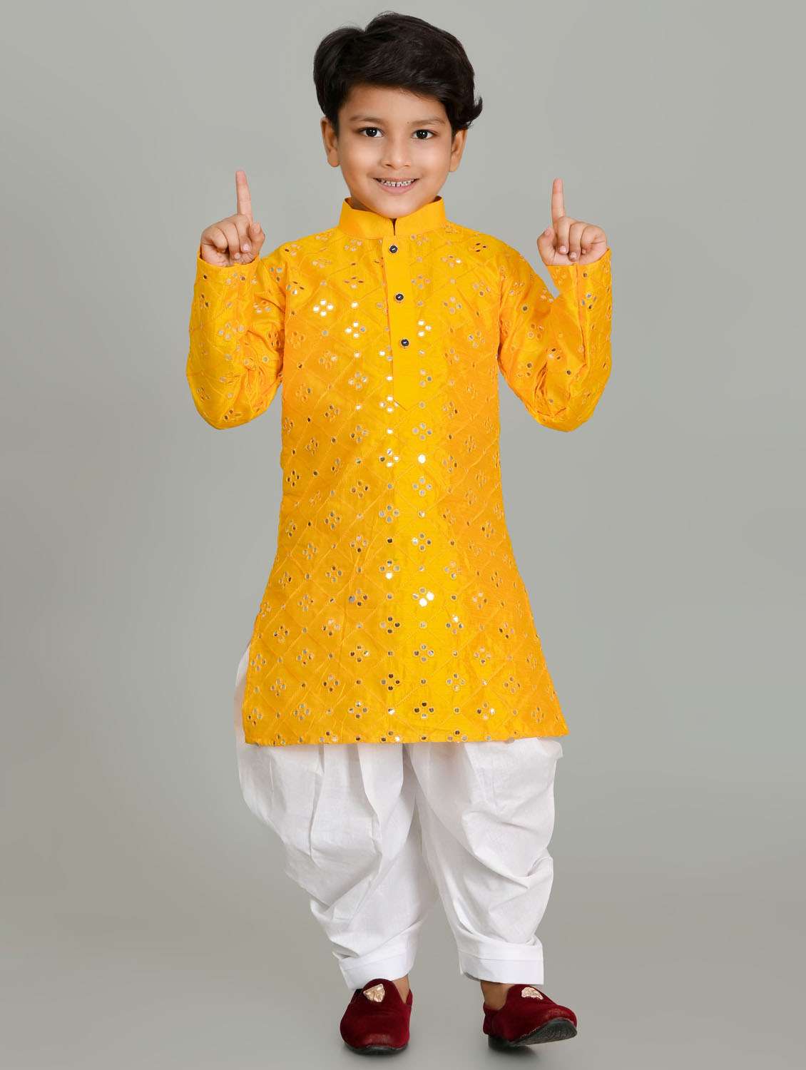 boys mirror work mandarin neck kurta salwar set