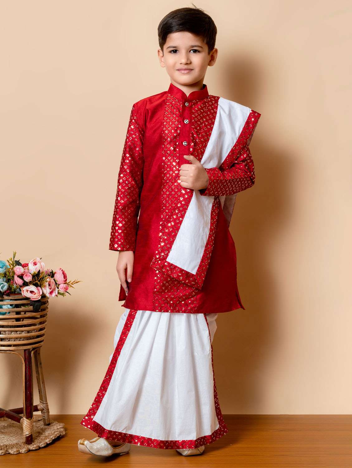 boys sequins work mandarin neck kurta dhoti set 