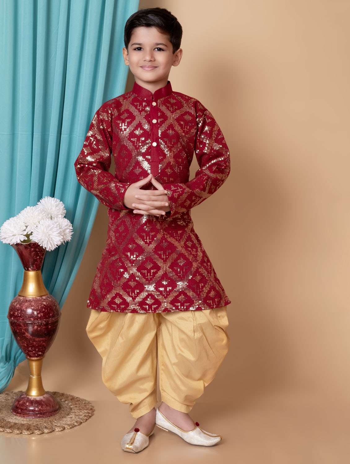 boys embroidered long sleeves dhoti kurta set