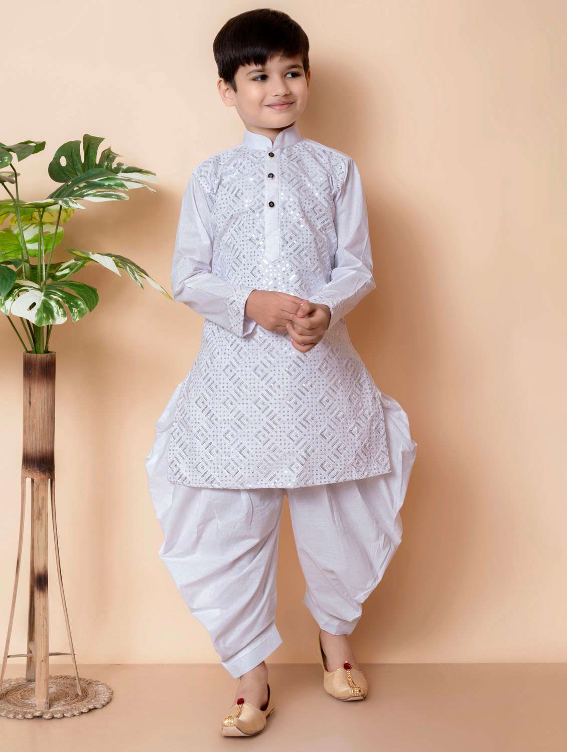 boys embroidered long sleeves dhoti kurta set