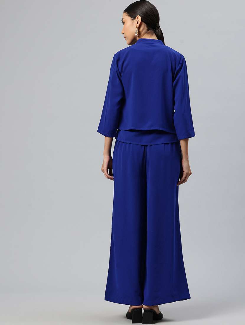 women solid three quarter sleeves jacket & trouser set - 21586277 -  Standard Image - 2