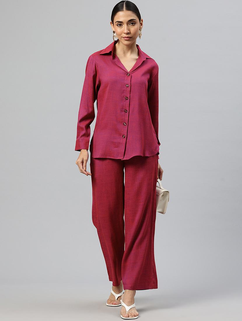 women solid collared shirt & trouser co-ord set