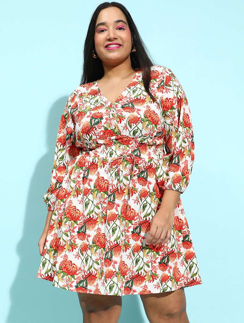 women floral printed v neck plus size a-line dress - 21586518 - Zoom Image - 0