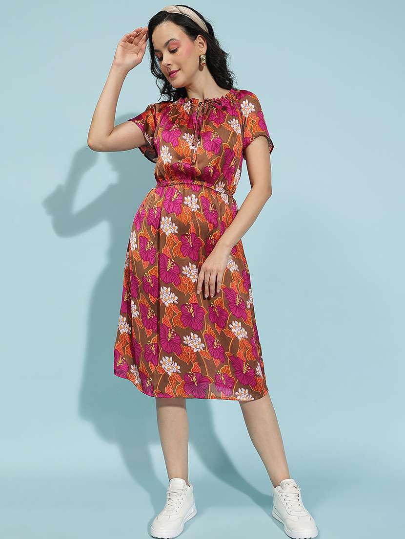 women floral printed short sleeves a-line dress