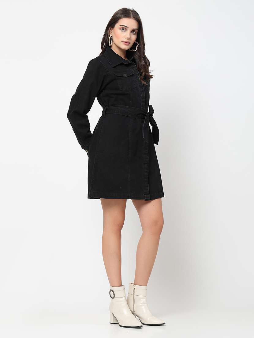 women solid collared belted denim dress - 21586539 -  Standard Image - 2