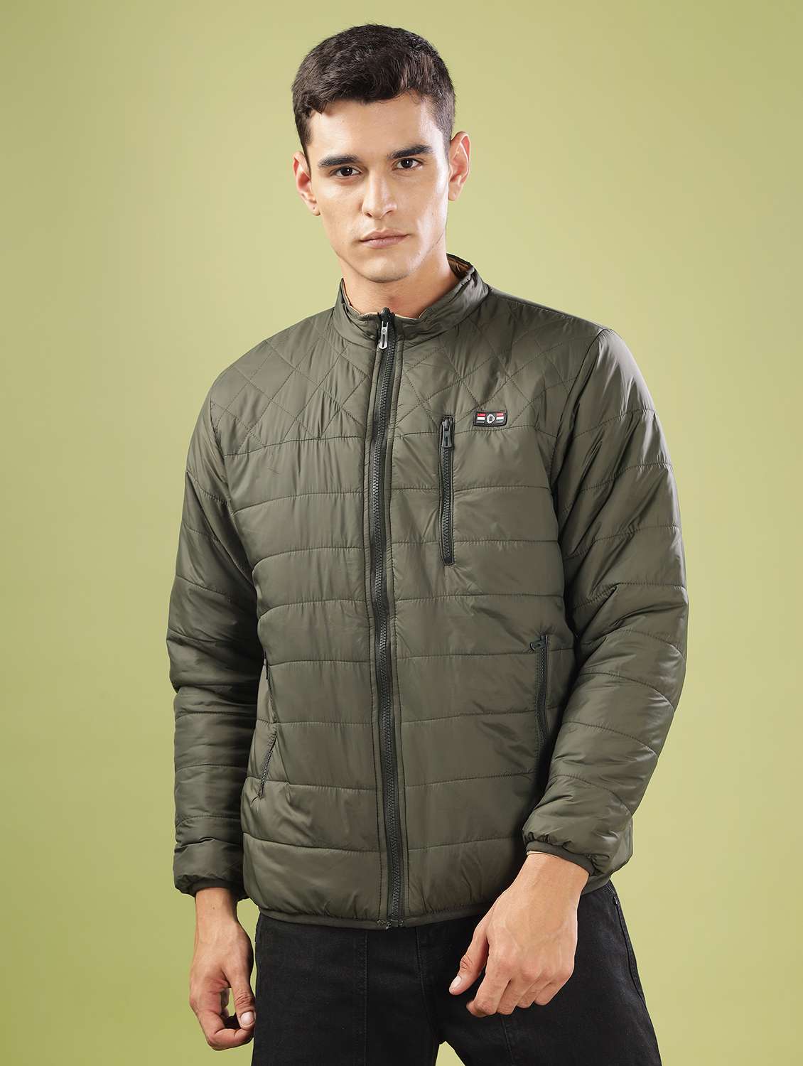 men solid long sleeve quilted jacket