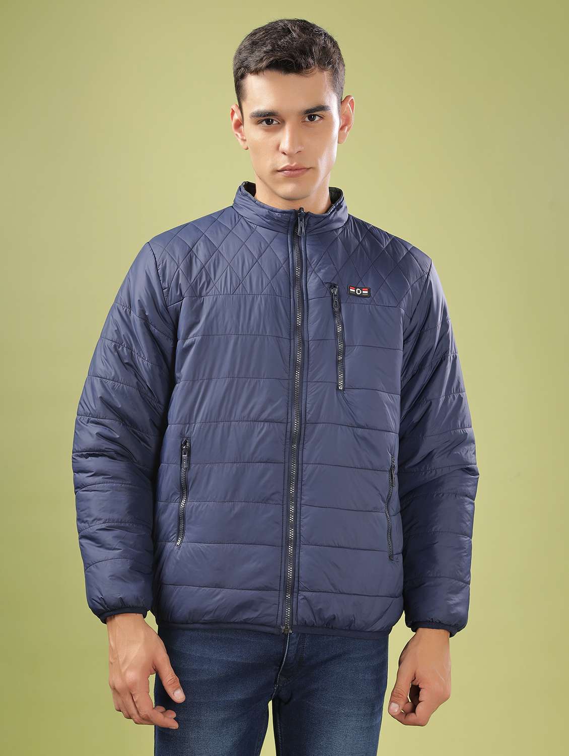 men solid long sleeve quilted jacket