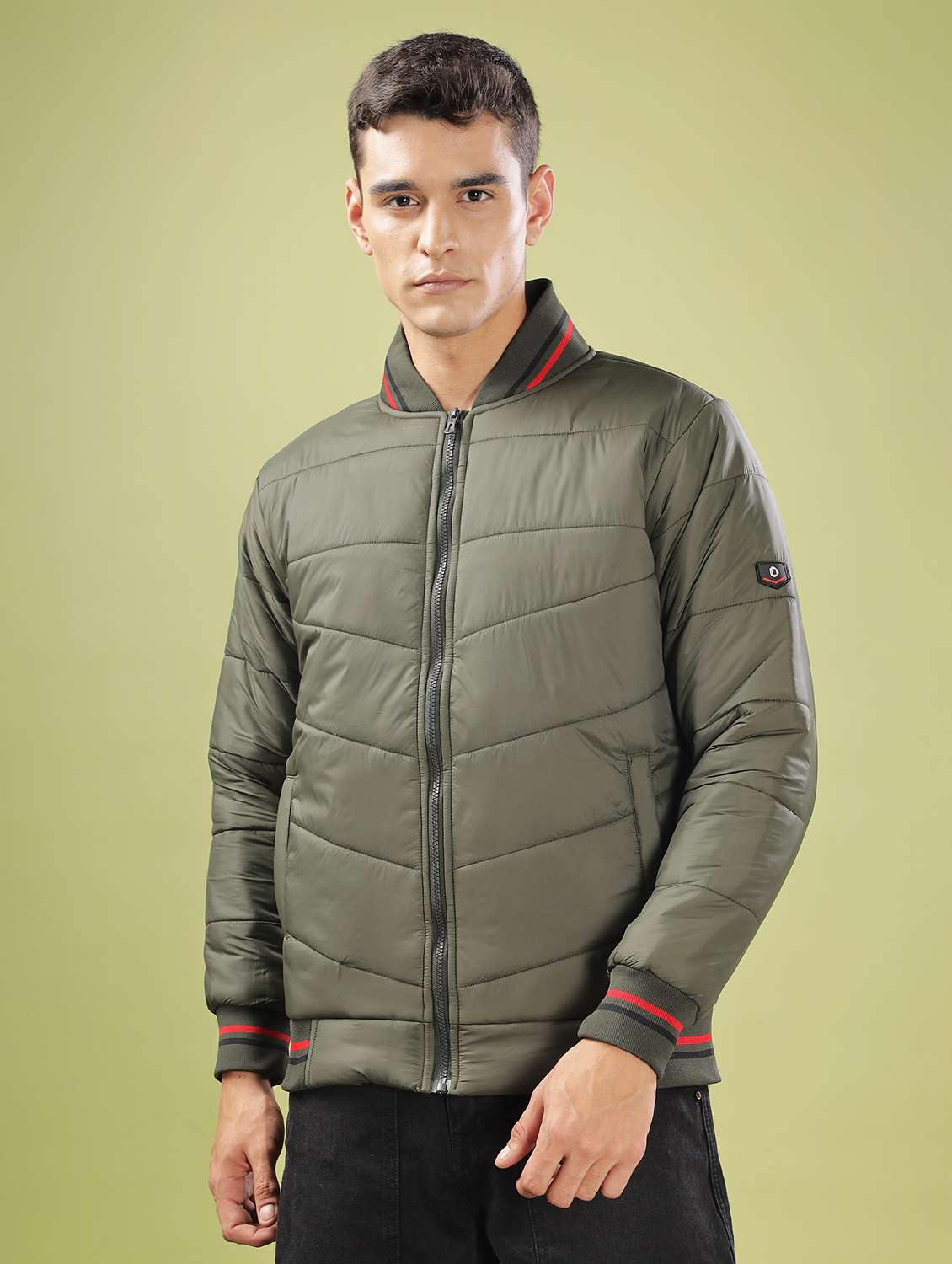 men solid long sleeve quilted jacket