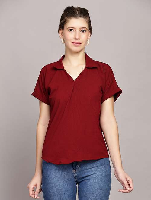 women solid collared short sleeves top - 21591946 -  Standard Image - 0