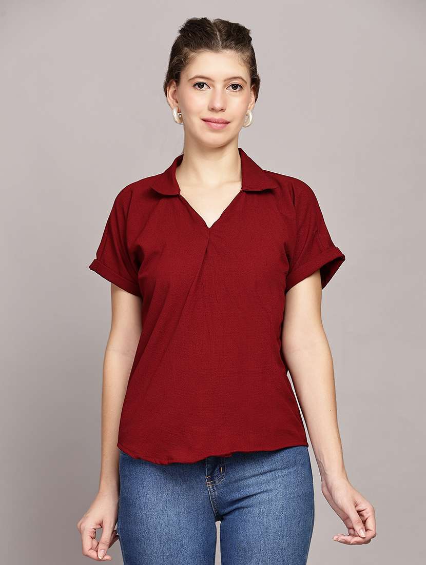 women solid collared short sleeves top