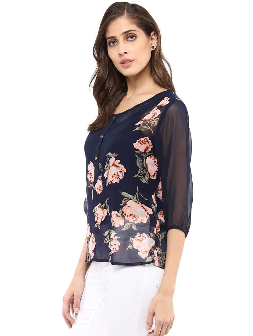women navy blue floral printed regular top - 21593253 -  Standard Image - 2