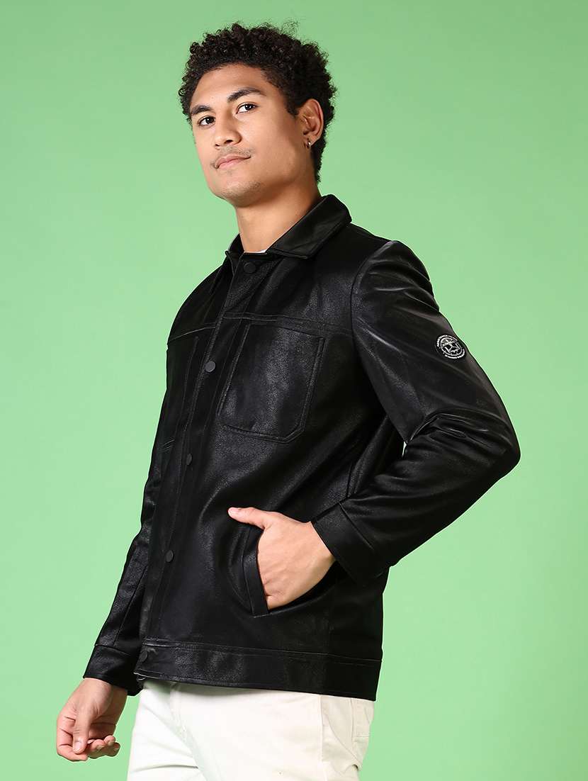 men black solid long sleeve shacket - 21593427 -  Standard Image - 2