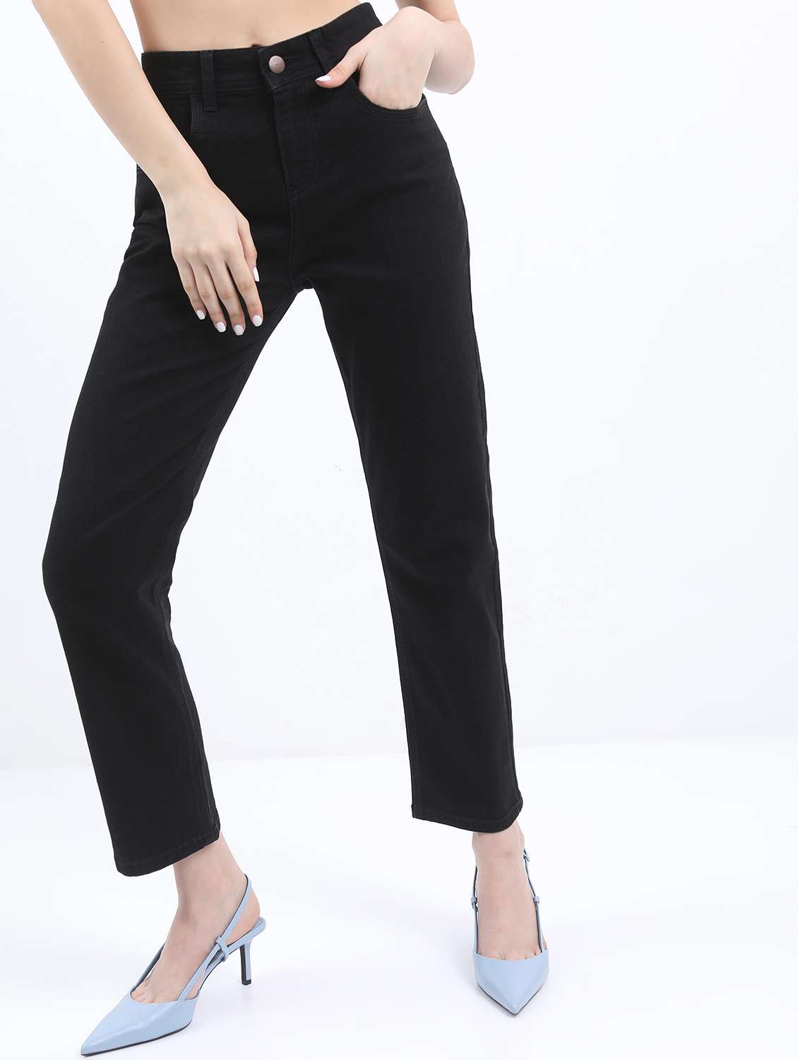 women solid high rise straight fit jean