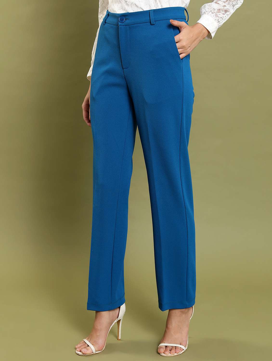 women blue solid tailored pant - 21596409 -  Standard Image - 2