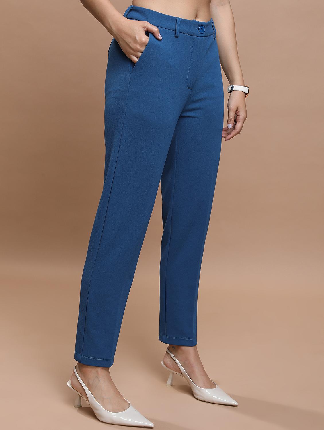 women blue solid tailored pant - 21596411 - Standard Image - 2