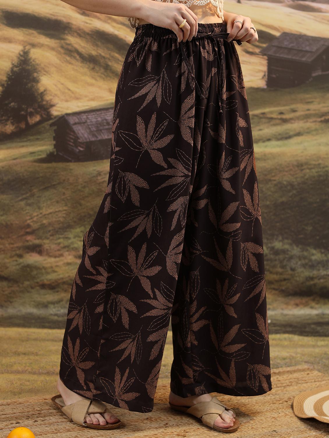 women coffee brown printed wide leg trouser - 21596428 - Standard Image - 2