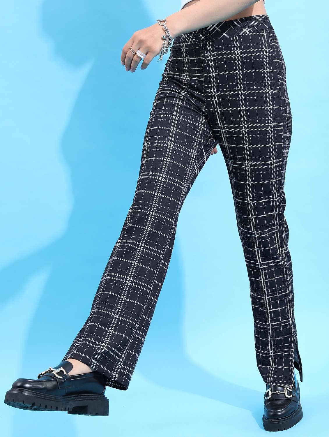 women navy blue checks chinos trouser