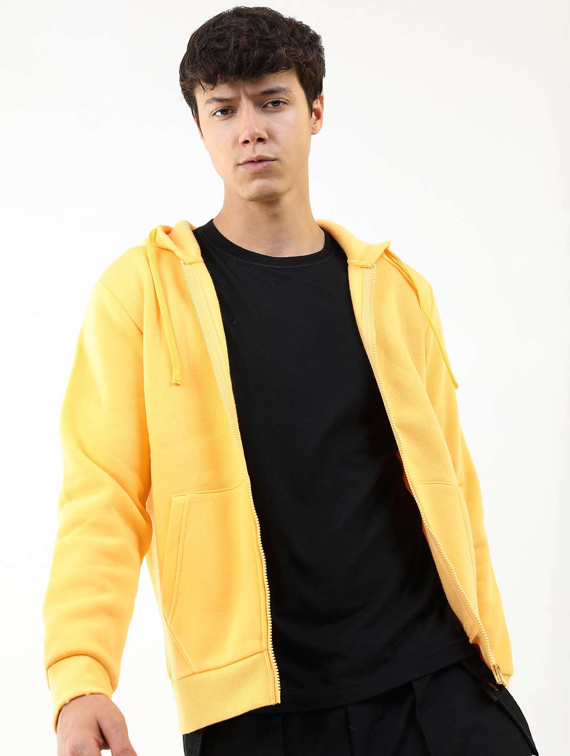 men solid zipper hooded sweatshirt