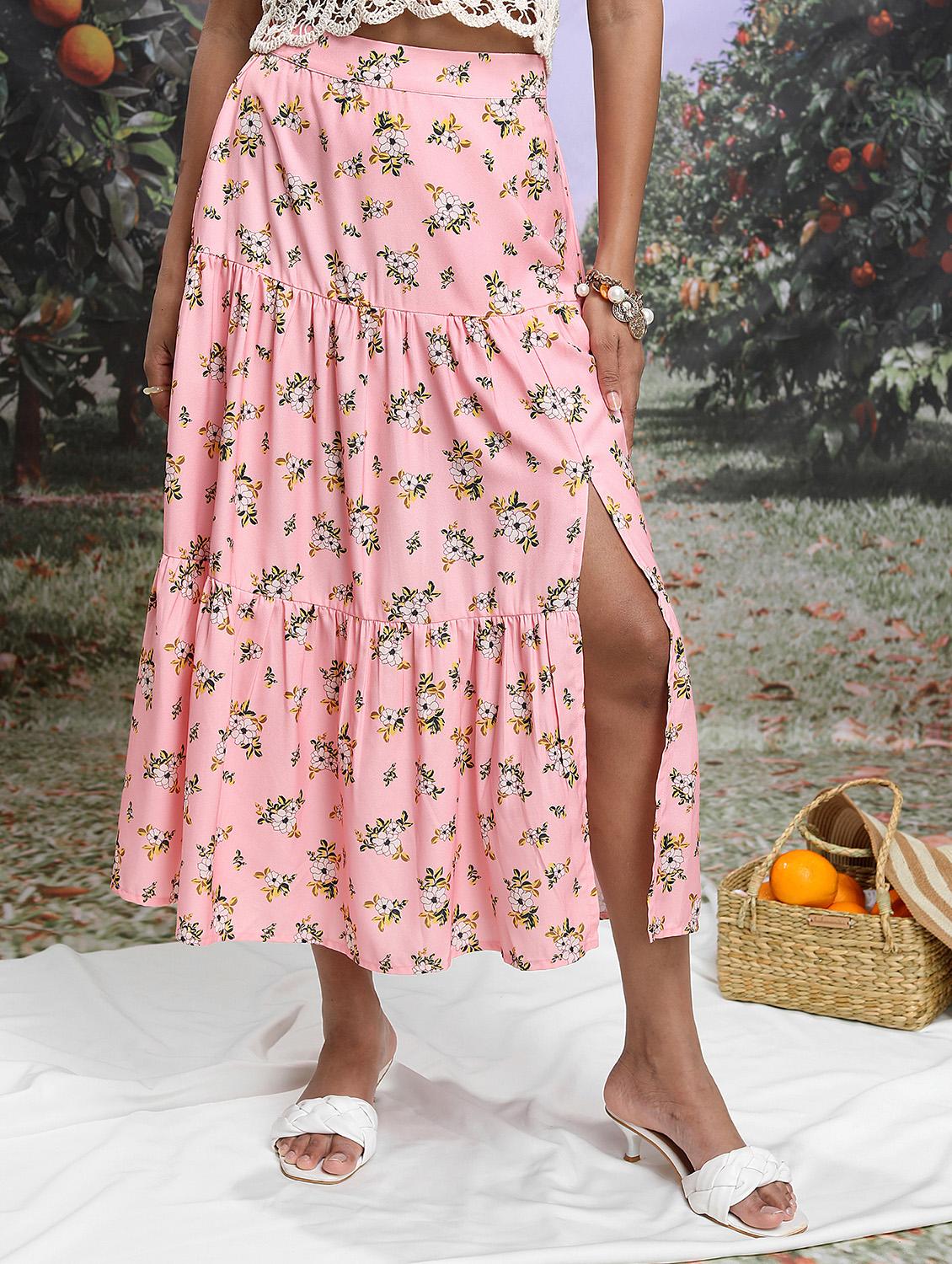 women pink floral printed tiered skirt - 21596618 -  Zoom Image - 0