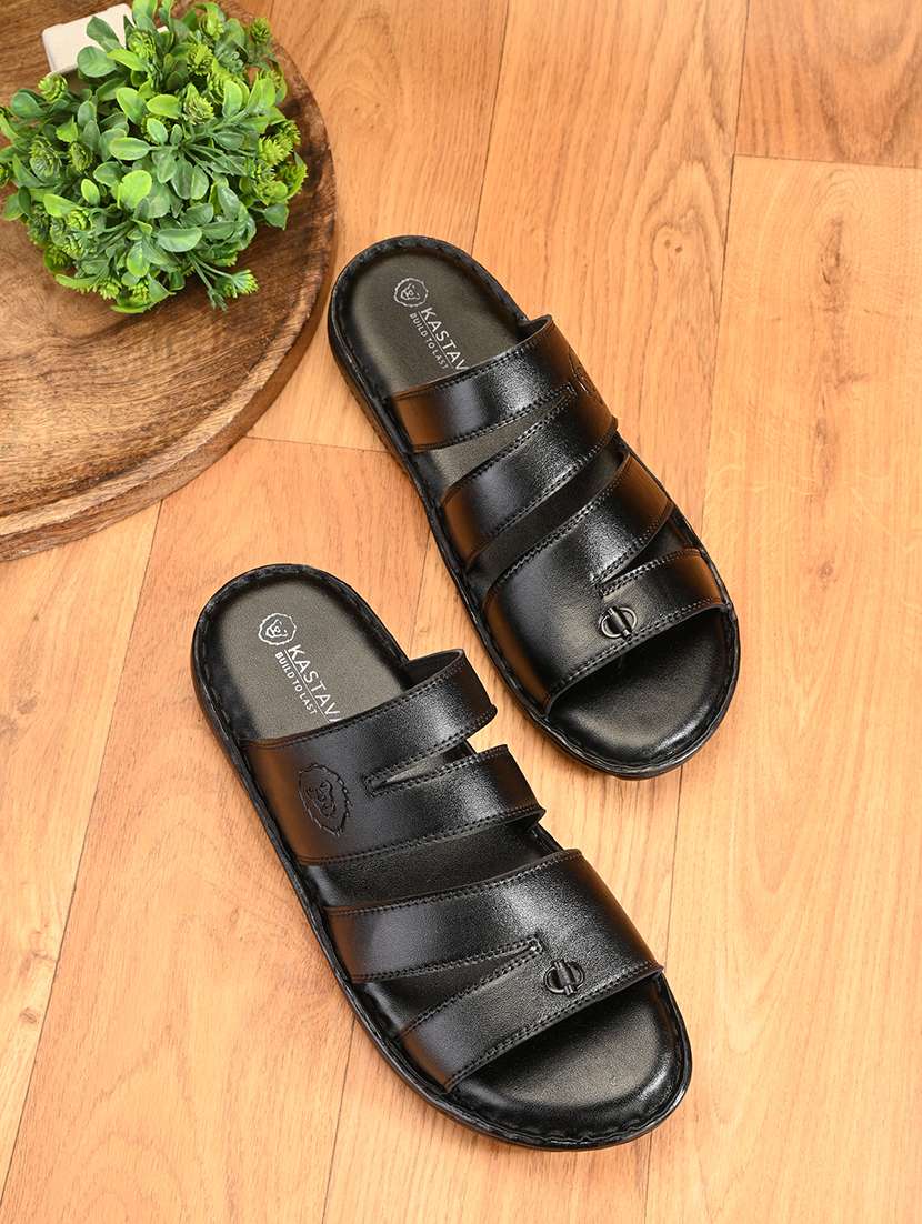black synthetic slip on sandals