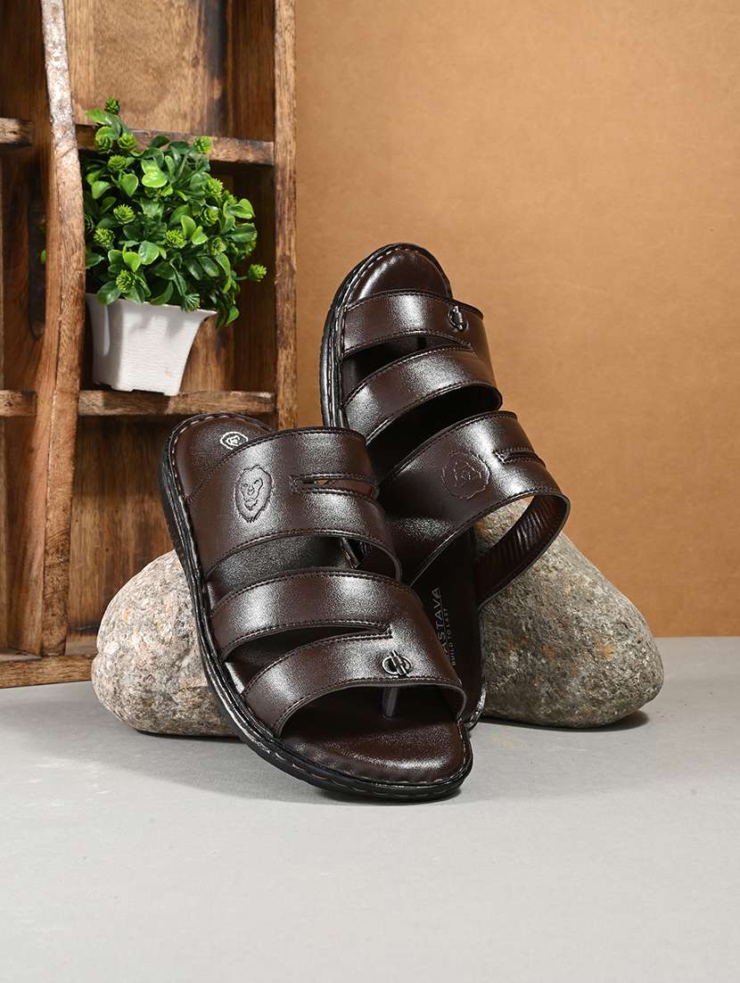 brown synthetic slip on sandals