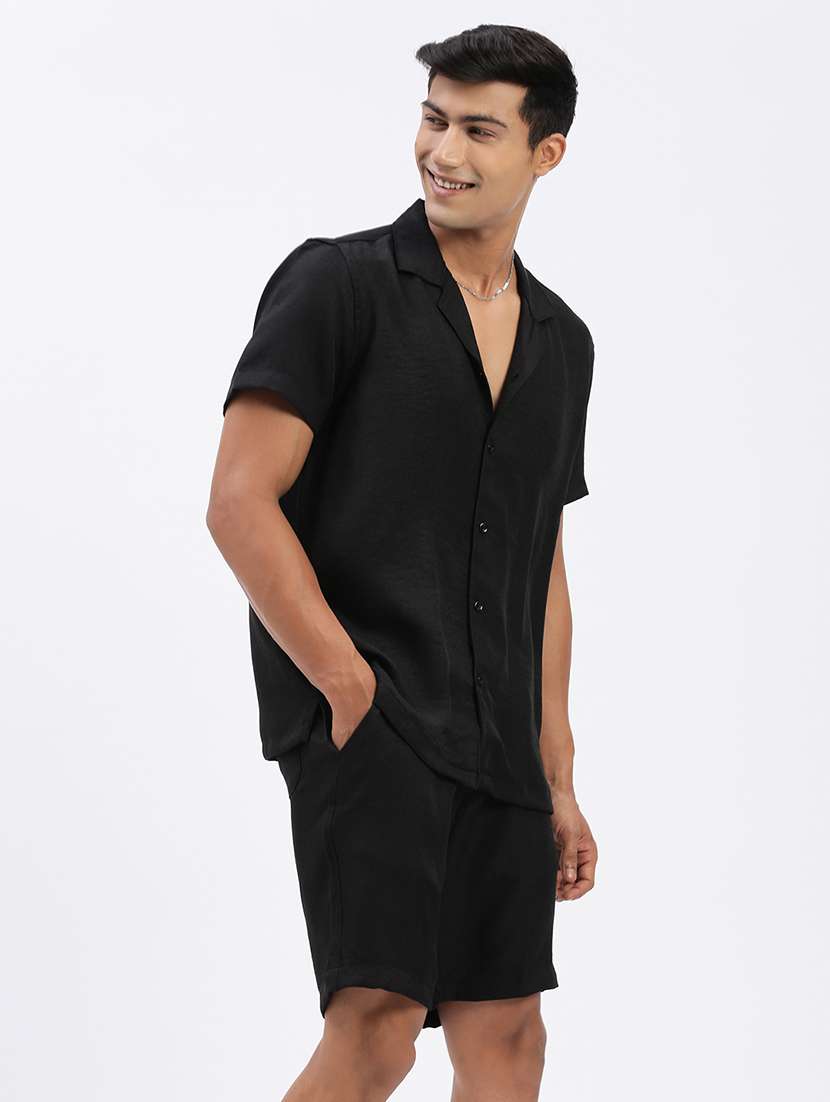 men solid cuban collar short sleeves co-ord set - 21597390 -  Standard Image - 2