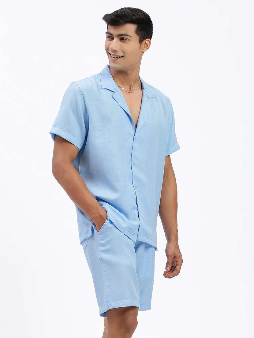 men solid cuban collar short sleeves co-ord set - 21597391 - Standard Image - 2