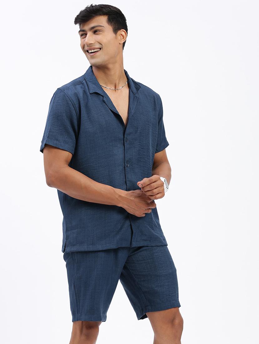men solid cuban collar short sleeves co-ord set - 21597400 - Standard Image - 2