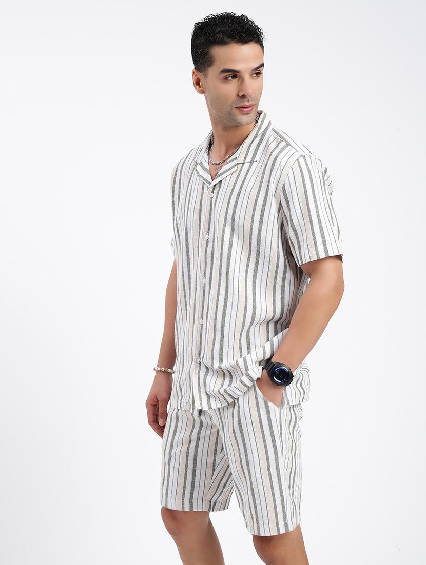 men striped cuban collar short sleeves co-ord set - 21597403 - Standard Image - 2