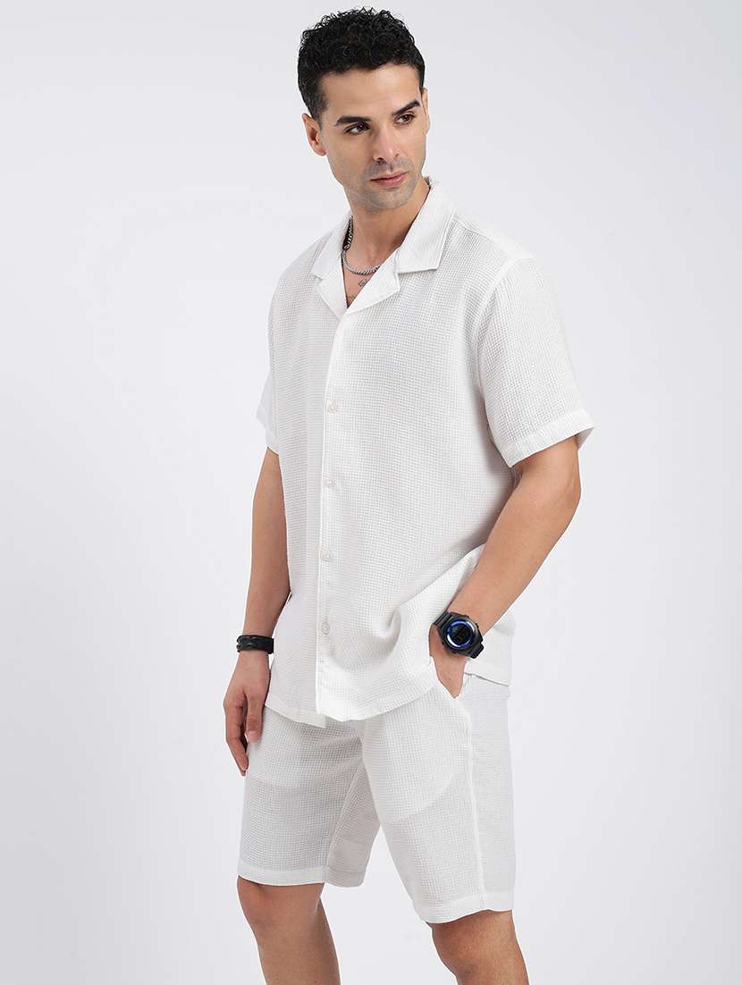 men solid cuban collar short sleeves co-ord set - 21597411 - Standard Image - 2