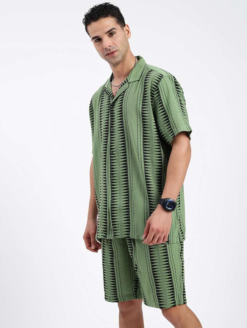 men geometrical cuban collar short sleeves co-ord set - 21597416 -  Standard Image - 2