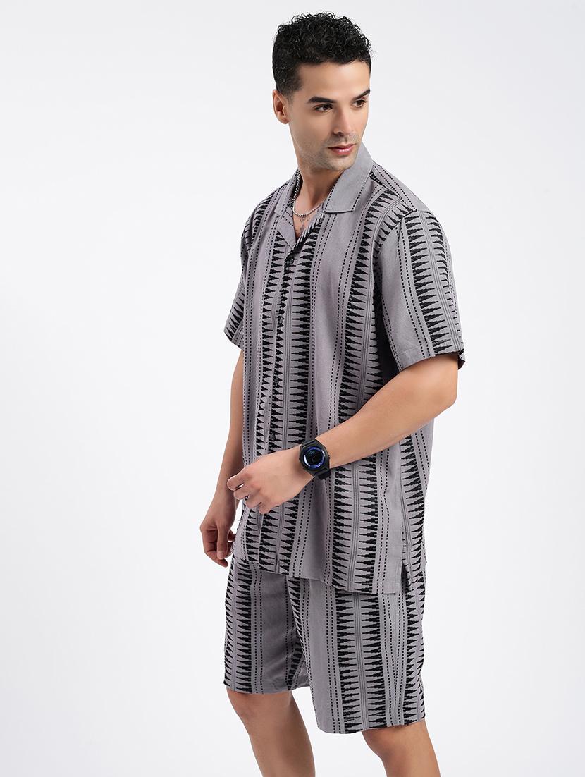 men geometrical cuban collar short sleeves co-ord set - 21597417 - Standard Image - 2